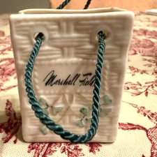 Marshall Field's Belleek Shamrock Basket Weave Shopping Bag Christmas Ornament