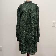 Reformation Brandi Mock Neck Dress Women's 1X Green Floral Smocked Long Sleeve