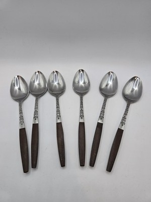 6 Interpur INR2 Stainless Spoons Brown Faux Wood Handle Flatware MCM Japan 6.75''