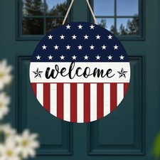 Welcome Door Sign with American Flag, Rustic Patriotic Wood Decor