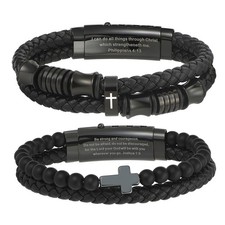 Men's Inspirational Bible Verse Cross PU Leather Bracelet Braided Christian Cuff