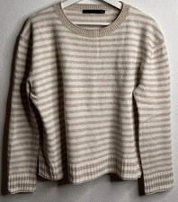 Jenni Kayne XL Striped Beige Everyday Sweater Wool Cashmere Blend Boxy  Fit