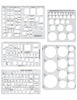 5 Pcs Architectural Templates: Circle, House Plan, Interior Design & Furniture T