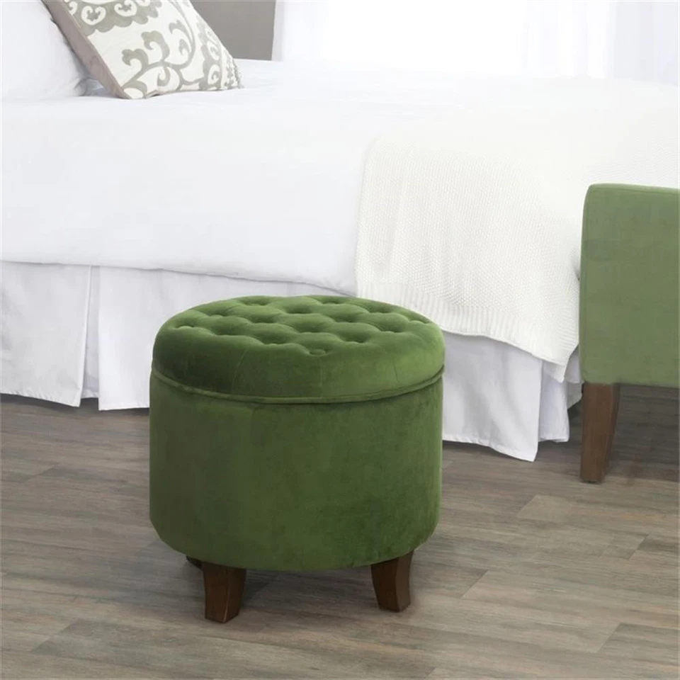HomePop Round Transitional Wood and Velvet Storage Ottoman in Green - Image 2 of 4