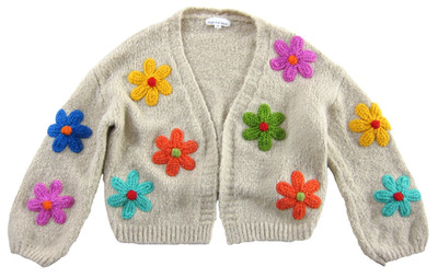 Threaded leaf Ivory Pink Yellow Orange Daisy Floral Open Crop Cardigan Sweater M