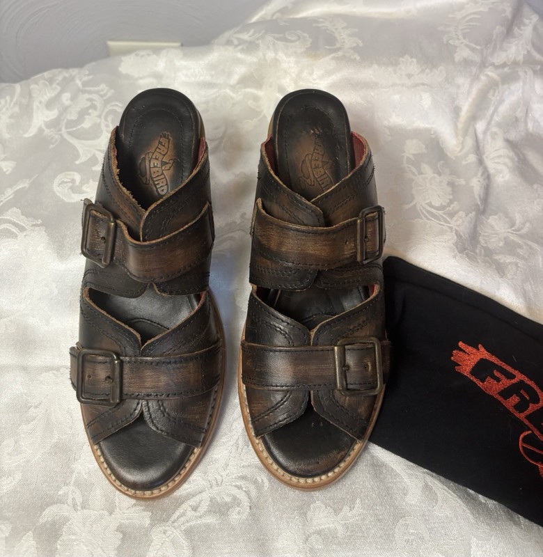 Freebird by Steven Women’s Brown Leather Strappy Buckle Mule Heels Size 8