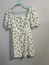 Old Navy NWT 90s Style Blue Floral Linen Blend Dress With Puff Sleeves Size S