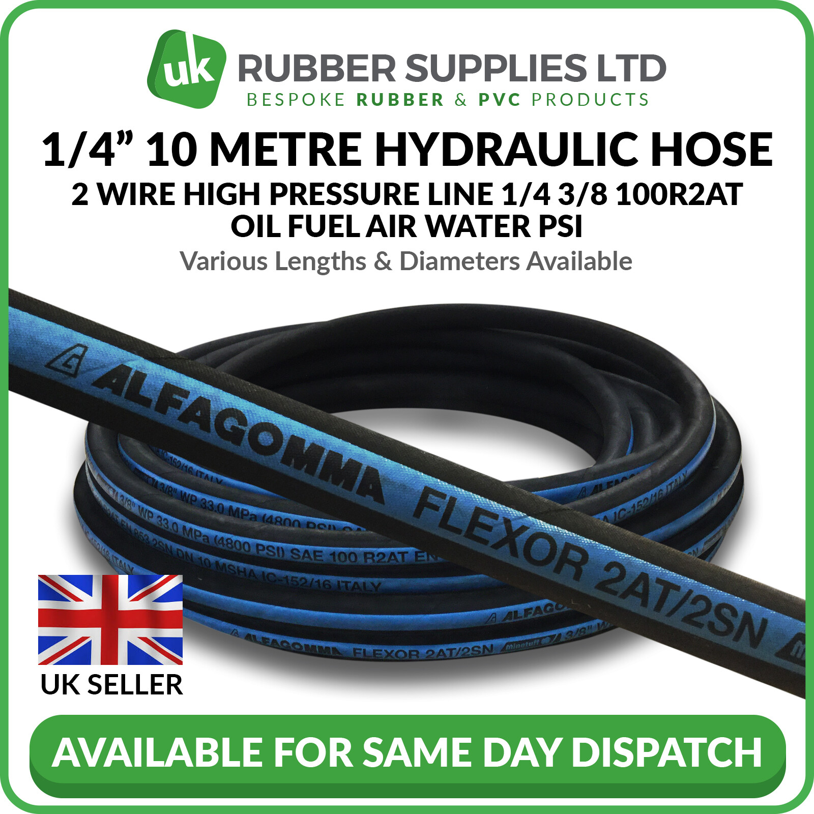 1/4" Hydraulic Hose (10 Metres) 2 Wire, SAE 100R2AT, Alfagomma, 400 BAR NEXT DAY eBay