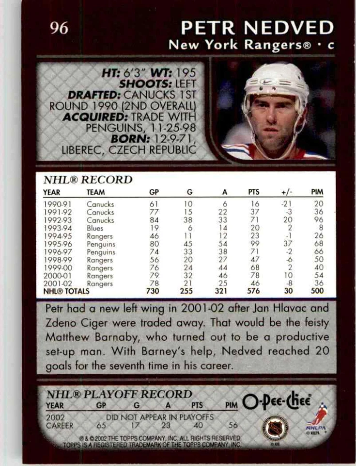 2002-03 O-Pee-Chee Petr Nedved #96 - Image 2 of 2