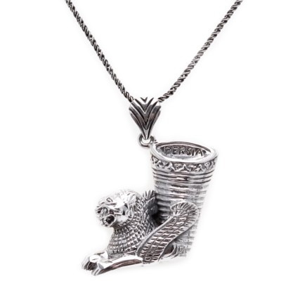 925 Sterling Silver Persian Riton Winged Lion Farvahar Necklace Chain Persia Art