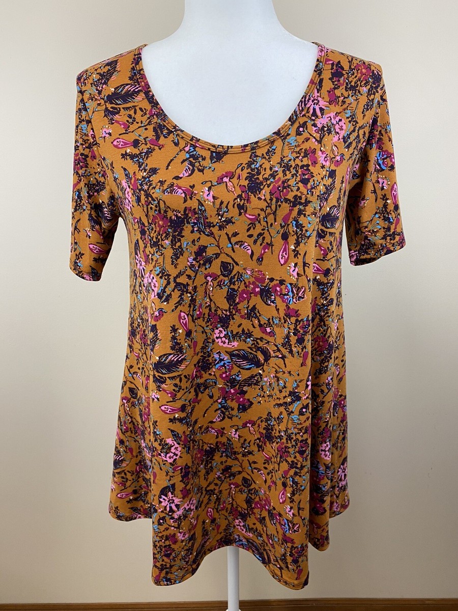 Lularoe XS Perfect T Tee Rust Tan Pink Floral Feather Swing Top