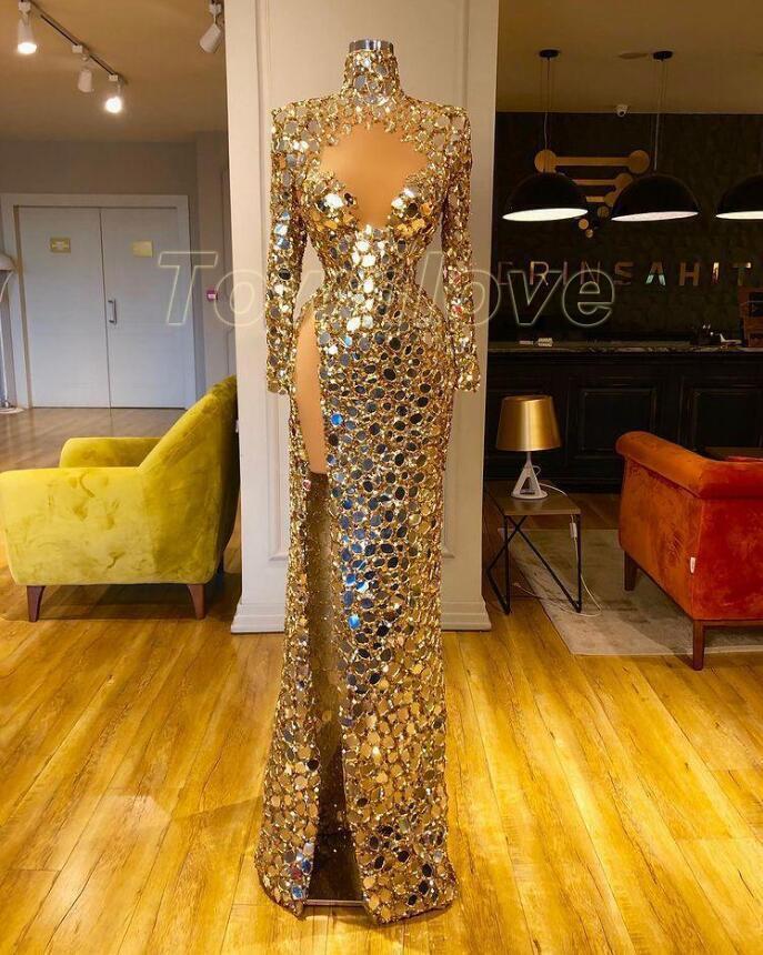 Women Gold Sequined Mirror Prom Dresses Long Sleeves High Split Gowns Dress  | eBay