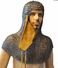 Medieval Chainmail MS 9 mm 18 g Flat riveted Leather Aventail Coif Head Hood