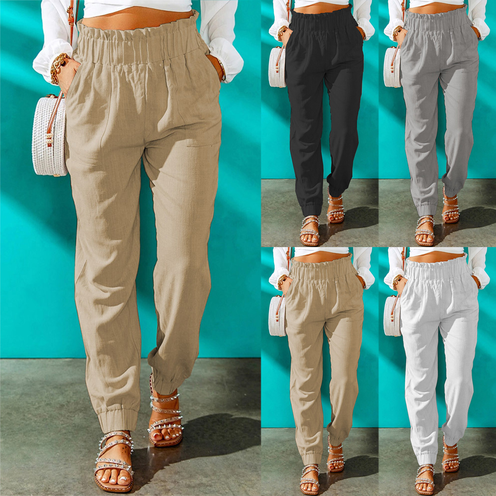 White Linen Pants For Women Tightness Trousers Pocket Casual Plus Size Pants  18 | eBay