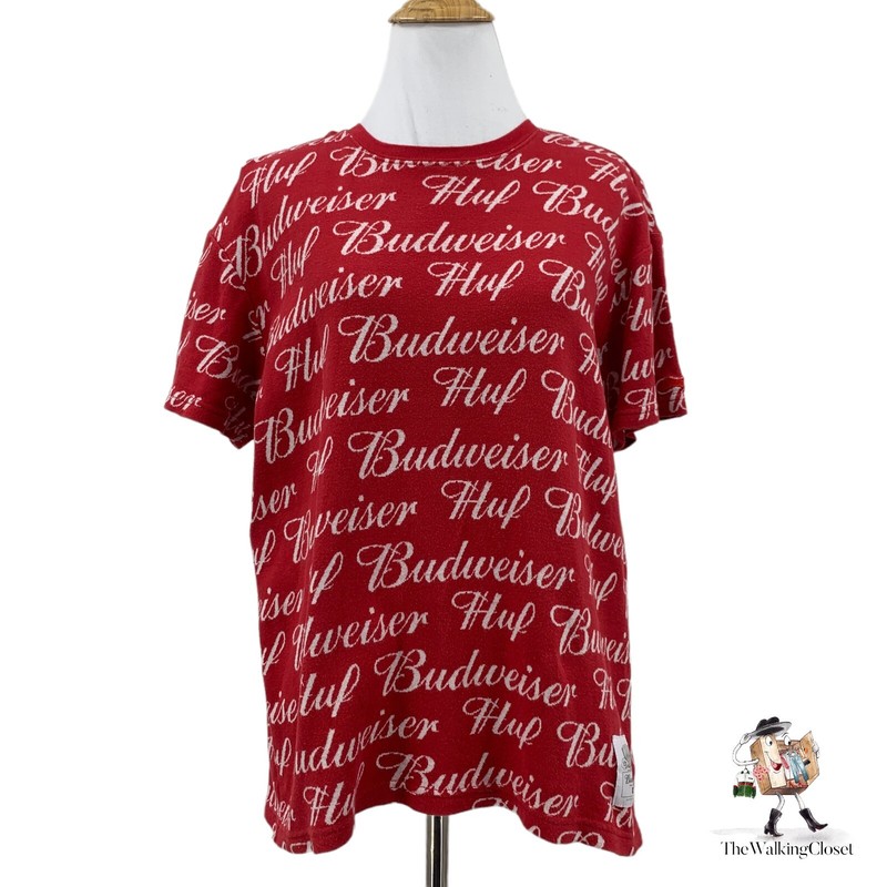 HUF T Shirt Mens S Small Red Allover Budweiser Graphic Short Sleeve Knit Cotton
