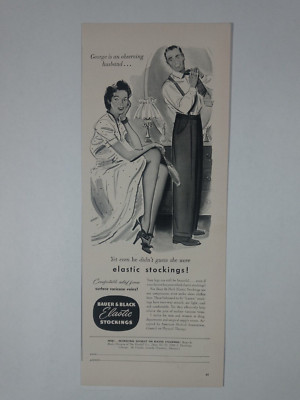 1940s BAUER BLACK Elastic Stockings Varicose Veins Vintage B&W Poster Print Ad