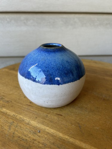 Blue White Bulbous Studio Art Pottery Bud Vase 3.5” Signed