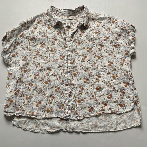 Rachel Zoe Shirt Womens M Orange Floral Button Up 100% Linen Hi Low Boxy Cuffed