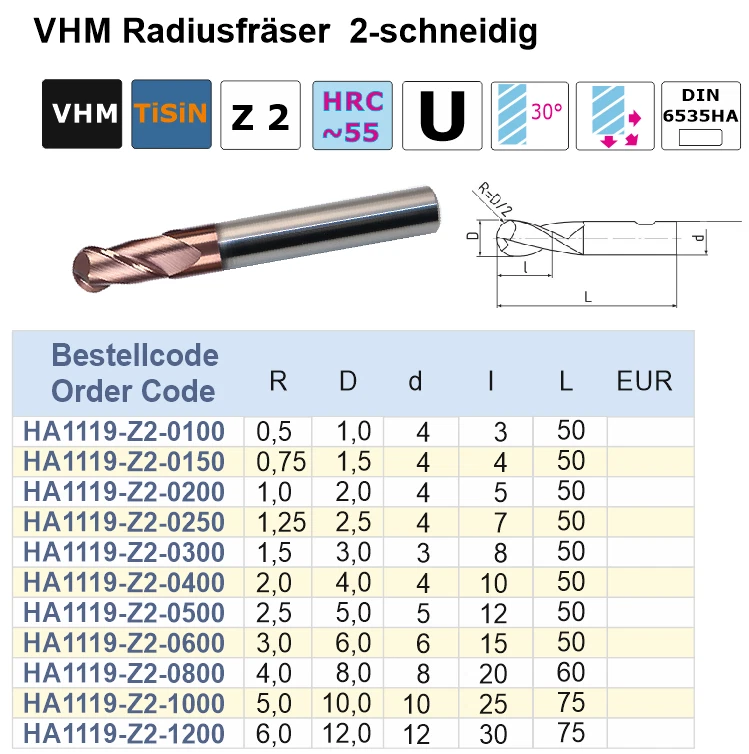 VHM Radiusfräser Schaftfräser Z2 TiSiN  Kugelkopffräser HPC Fräser VOBECO - Bild 3 von 3