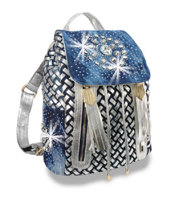 Denim Blue Rhinestone Studded Basket Weave Backpack Handbag-image
