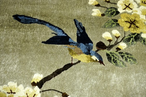 Alfombra de Seda China 63 X 63CM Oriente Motivo Pájaro Verde Anudada a Mano - Imagen 6 de 12