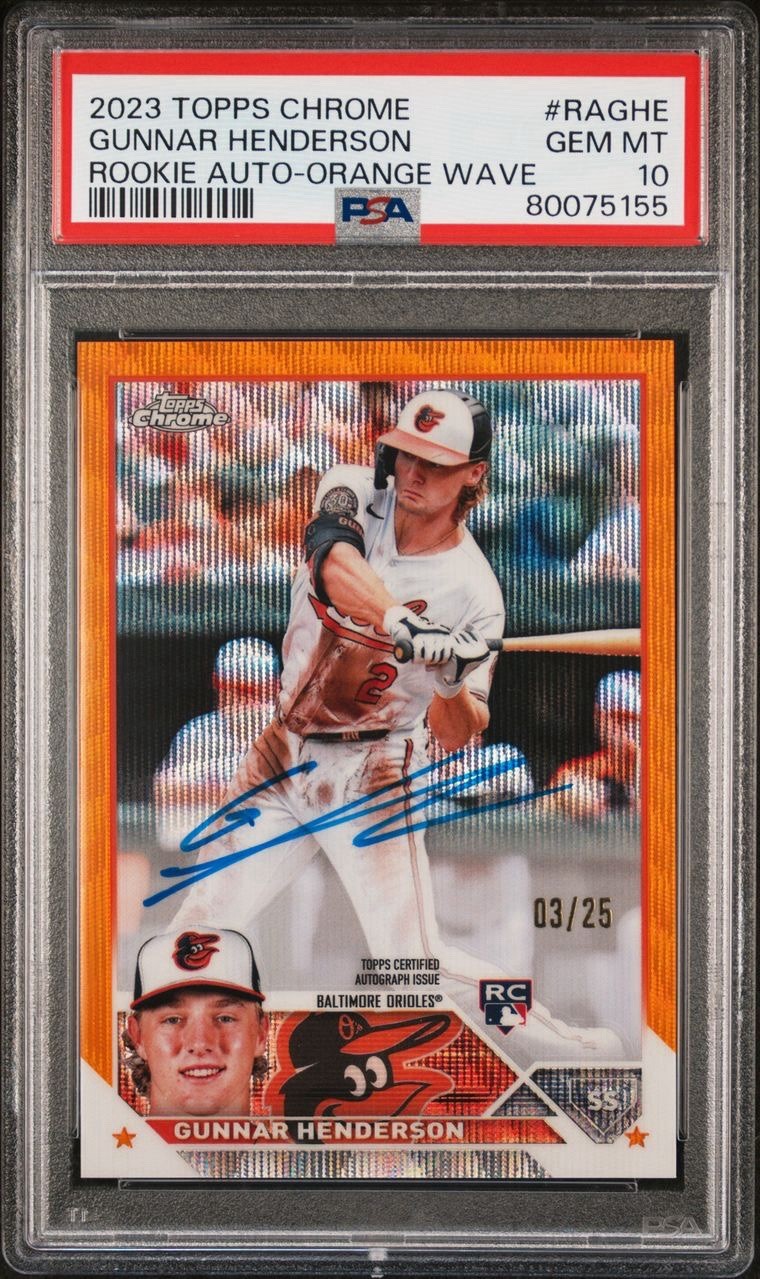 2023 Topps Chrome Gunnar Henderson Orange Wave RC Auto /25 PSA 10 view 1