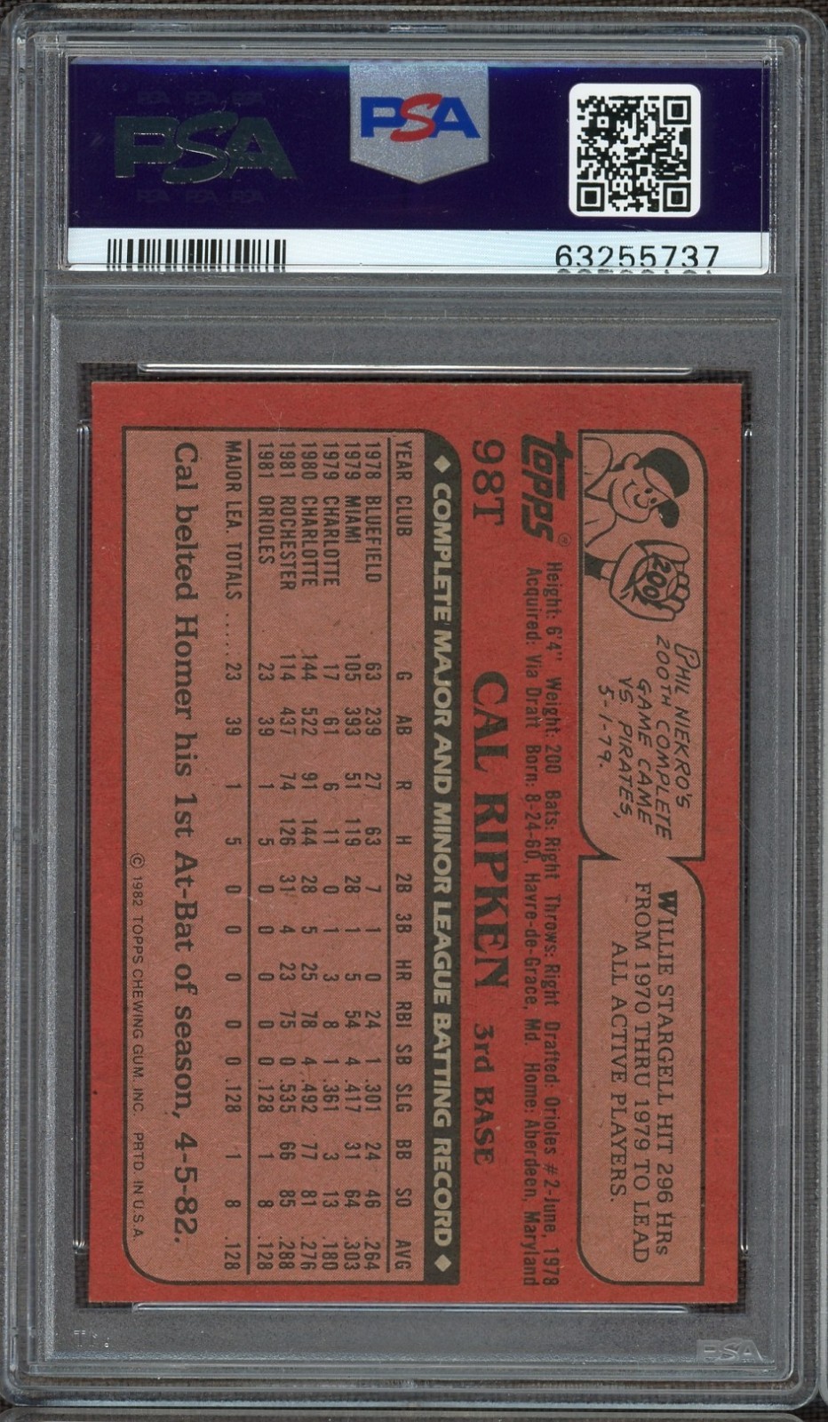 Cal Ripken Jr. 1982 Topps Traded #98T RC Rookie PSA 8 NM-MINT Orioles HOF view 2