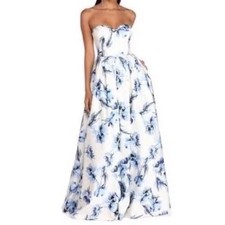 Windsor White and Blue Floral Strapless Ballgown Dress