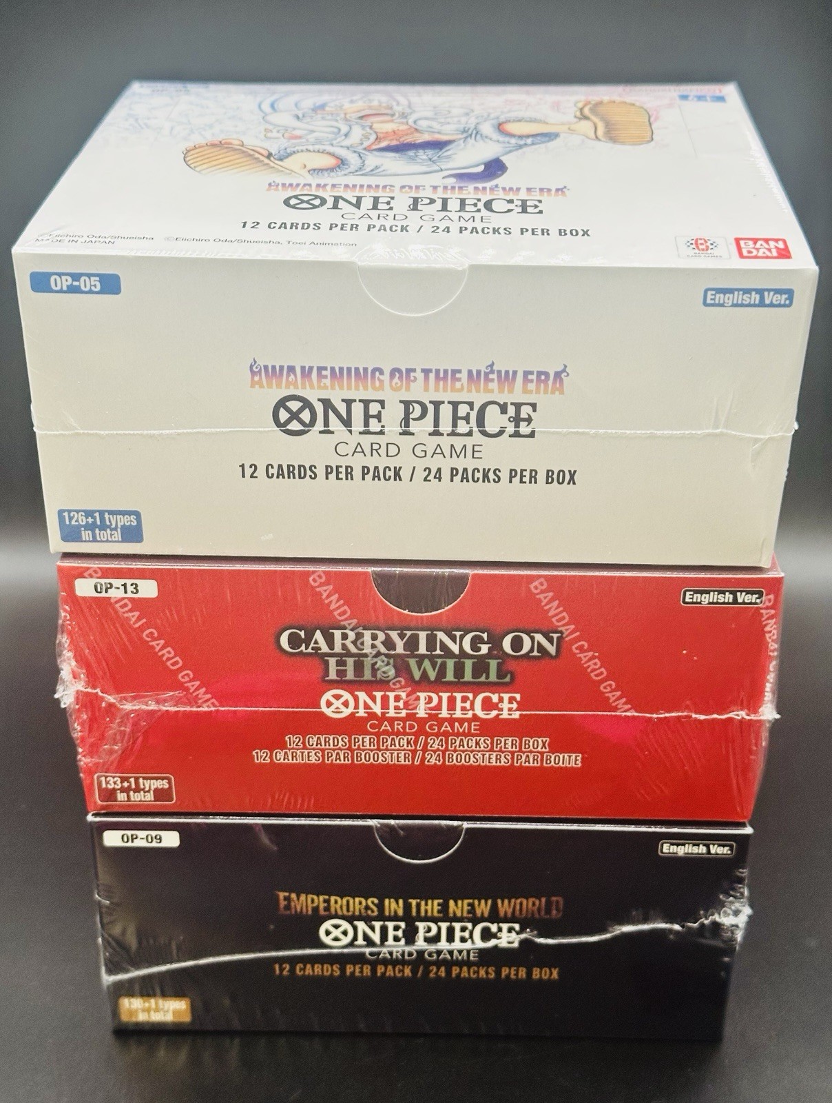 x3 One Piece TCG Booster Box OP-05, OP-09, OP-13 English Edition Sealed