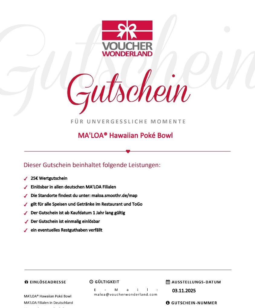 Restaurant MA'LOA Gutschein: 25€ auf alles, bis Nov 26 in allen 25 Filialen