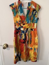 JAX Abstract Linen Midi Dress Art Painting Multicolor Bright Vibrant Size 2