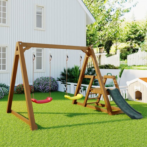 Columpio doble columpio infantil con 2 asientos de columpio escalador toboganes madera maciza - Imagen 18 de 18