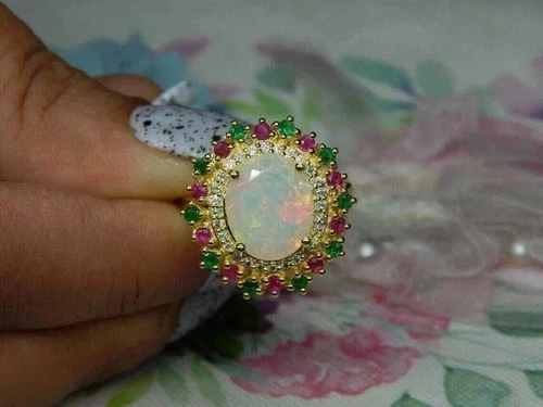 3Ct Oval Cut Natural Fire Opal Women's Halo Ring 14K Yellow Gold Plated Silver