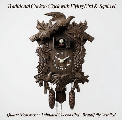 Vintage Stil Kuckucksuhr Fliegender Vogel Eichhörnchen Schnitzerei Quarzwerk, verschenkbar