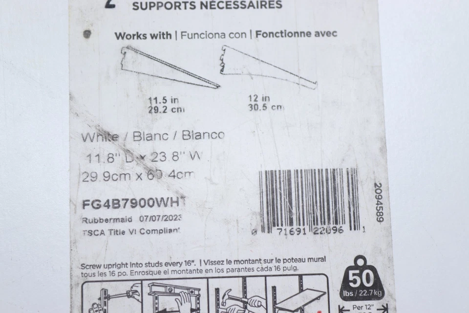 Полочная доска Rubbermaid белая 12 x 24 дюйма - грязная/угловая отсутствует белая краска - Изображение 2 из 4