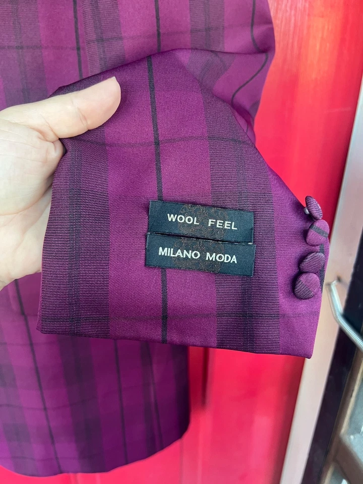 Full 3 Piece Suit Purple Melano Moda Wool Feel 42R Top 36R Bottoms - Image 3 of 4