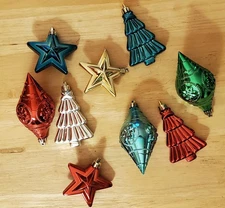80 Lot Metallic Plastic Ornaments - Star, Tree, Tear Drop, Assorted Colors