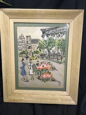 VTG ORIGINAL OILD HAND PAINTED ON SATIN PARIS FLOWER CART FRAMED ART 14.5 X 17.5