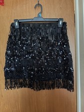 Spirit Black Sequin Fringe Mini Skirt Knit Polyester Size L Party