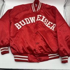 Budweiser VTG Jacket Mens XL Red White Spellout Satin Quilted Bomber USA 80s 90s