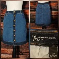 INC Denim Size 2 Petite International Concepts Mini Jean Skirt Snap Front Blue