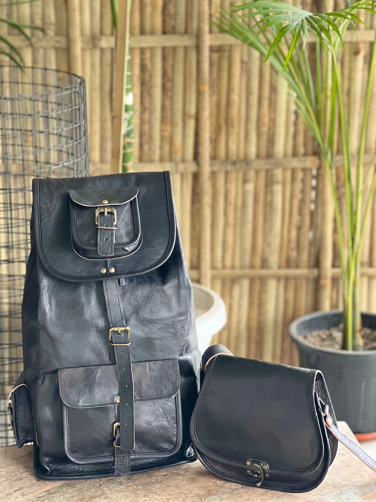 20" Men's Black Leather Backpack Vintage Bag Travel Rucksack Genuine Free 1 Bag