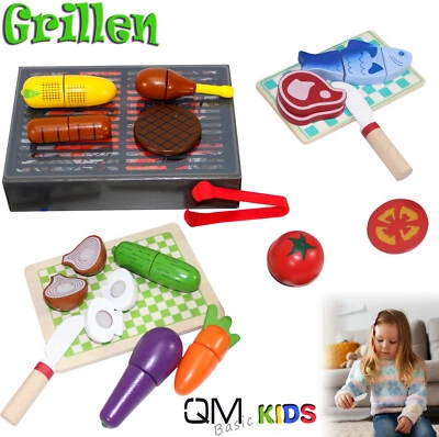 QMBASIC Kinder Küche HOLZ Zubehör GRILL Spielküche Burger + Veggie grillen Spielküche