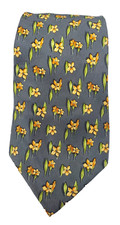 Salvatore Ferragamo Silk Necktie Gray w/Yellow Flowers  Leaves 3.75"W x 58.5"L