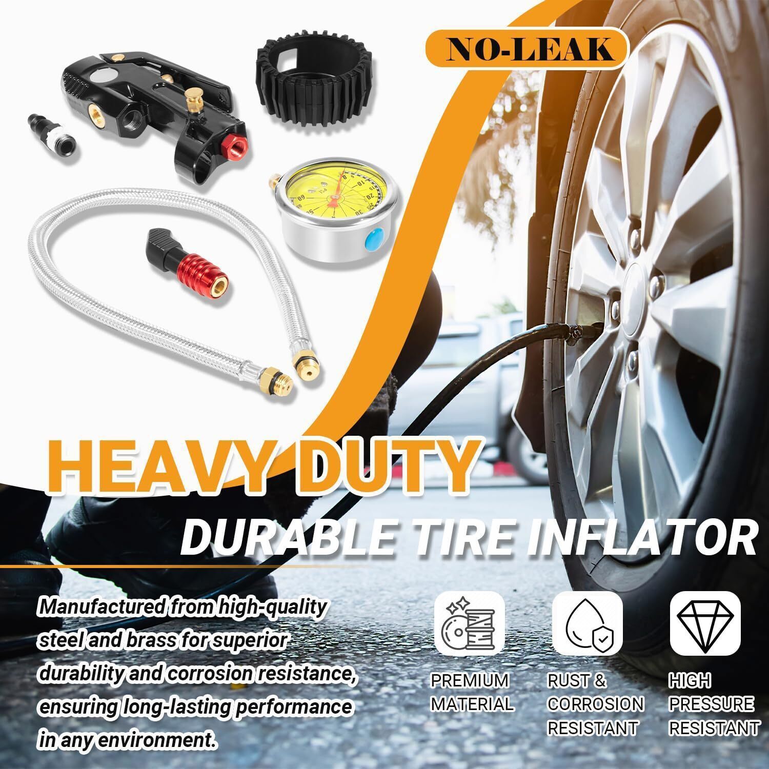 Car Wheel Inflation Kit Tire Inflator Kit with Pressure Gauge Lock On Air Chuck Long Hose for ...