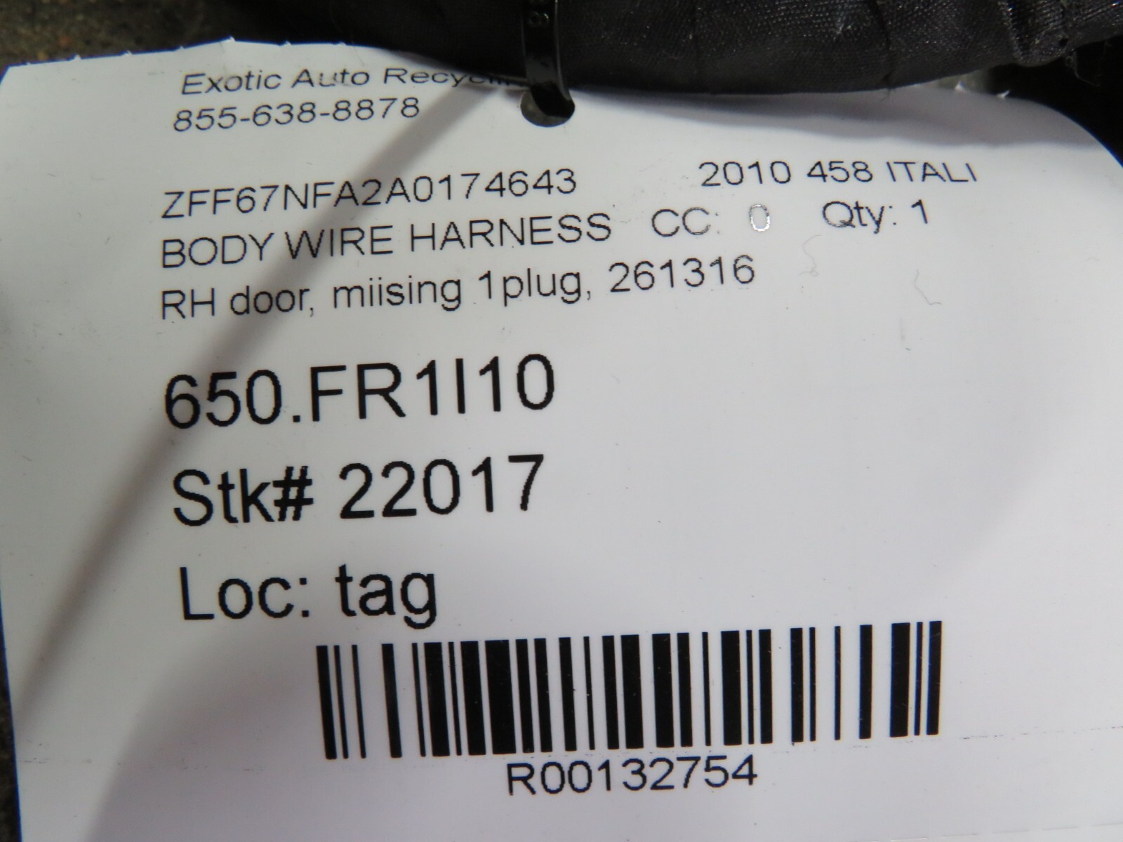 Ferrari 458 Italia, Spider, RH, Right, Door Wire Harness, Used, P/N 261316