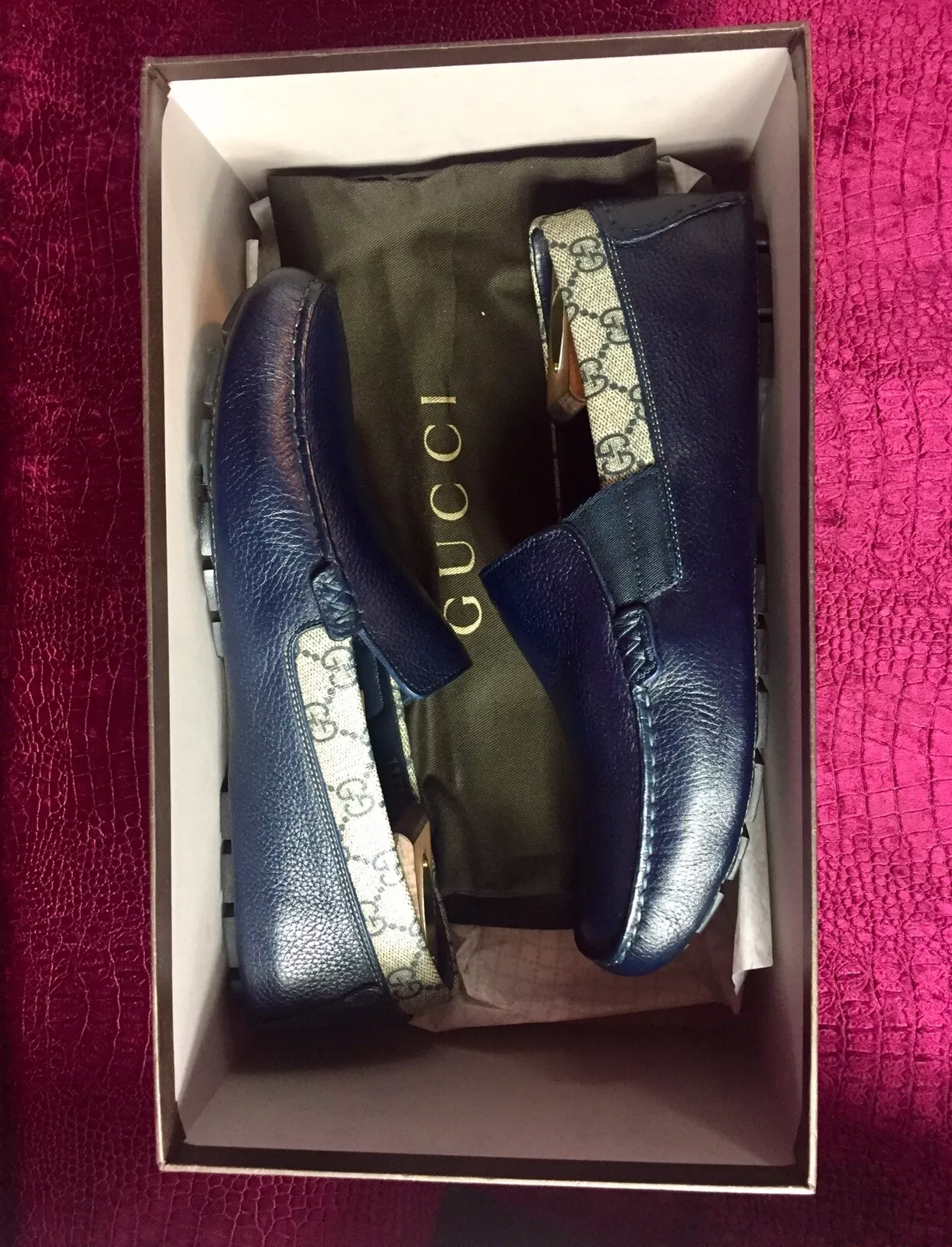 Conducteurs Gucci Supreme bleus pour hommes taille 7 G/8 US / boîte et sac à poussière / fabriqués en ITALIE