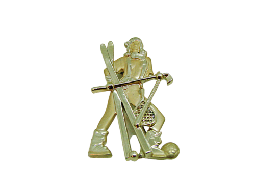 Vintage AJC Womens Golden Girl Tennis Soccer Golf Ski Hockey Brooch Pin 1.5X2.5" - Picture 1 of 10