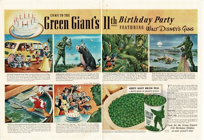 1941 Green Giant Disney Mickey Mouse Donald Duck Pluto Dumbo 2-page Vintage Ad