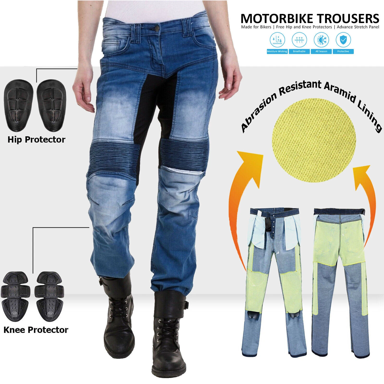 Womens Motorcycle Pants Denim Blue Motorbike Jeans Aramid Lining Armour Trousers